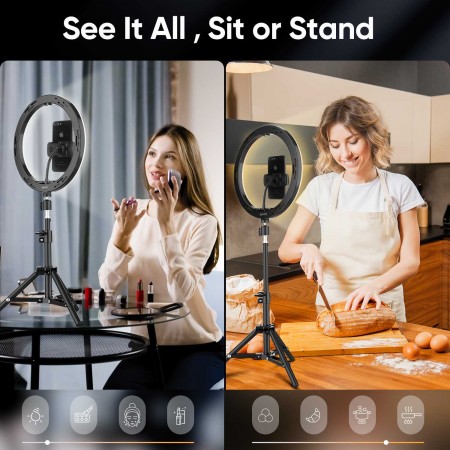 Selfie Ring Light with Black Tripod Stand 12-inch Dimmable Desktop Ringlight with DIY Ports, Circle Light LED Camera Lighting for Live Stream /Makeup, Compatible with iPhone Android